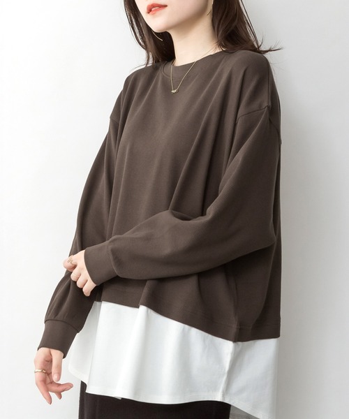 MARAI(マーライ)の「ワッフル裾切り替えフェイクレイヤード長袖Tシャツ(Tシャツ/カットソー・レディース・パープル/ブラウン/カーキ/ブラック/チャコールグレー・4L~5L/LL~3L/M~L)」の13枚目の写真