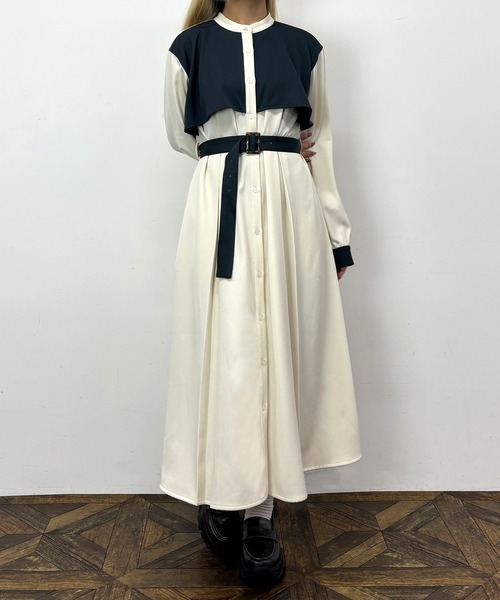 NICOLE CLUB（ニコル　クラブ）の「バイカラーケープ風ワンピース（ワンピース・レディース・ネイビー/グリーン/オフホワイト・MEDIUM）」の5枚目の写真