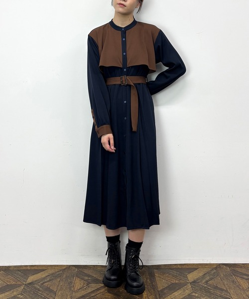 NICOLE CLUB（ニコル　クラブ）の「バイカラーケープ風ワンピース（ワンピース・レディース・ネイビー/グリーン/オフホワイト・MEDIUM）」の10枚目の写真