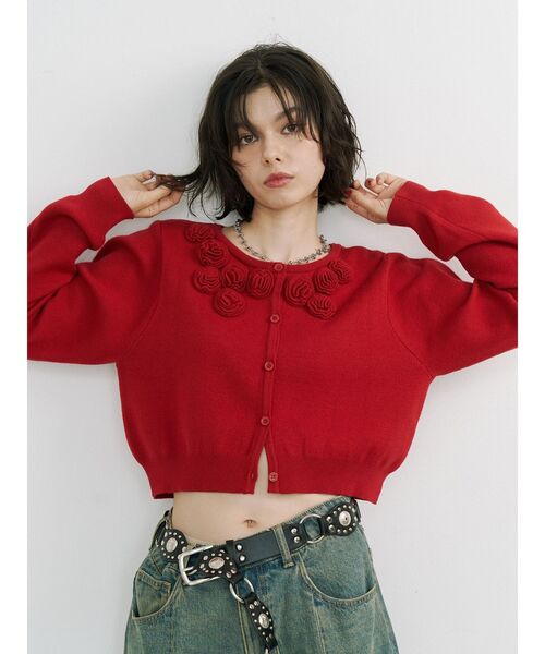 jouetie（ジュエティ）の「ローズモチーフコンパクトカーデ【セットアップ対応】（ニット/セーター・レディース・グレー/ブラック/レッド・MEDIUM）」の10枚目の写真