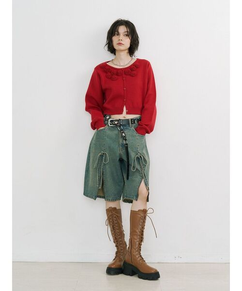 jouetie（ジュエティ）の「ローズモチーフコンパクトカーデ【セットアップ対応】（ニット/セーター・レディース・グレー/ブラック/レッド・MEDIUM）」の11枚目の写真