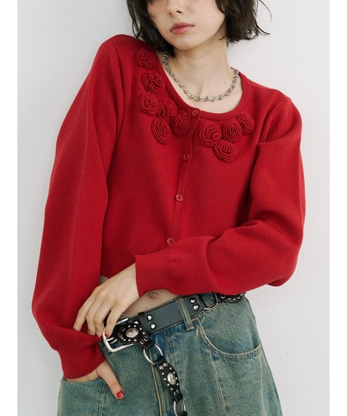 ローズモチーフコンパクトカーデ【セットアップ対応】（ニット