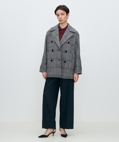 ウールカシミヤグレンチェック ダブルブレストコート（ピーコート