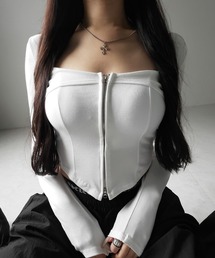 【 2color 】ダブルジップコルセットスクエアネックロンT / double zip corset square neck longsleeve T-Shirt