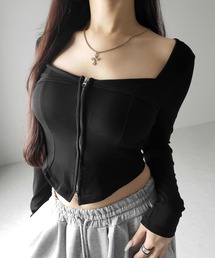 me+em select（ミームセレクト）の「【 ２color 】ダブルジップコルセットスクエアネックロンＴ ／ double zip corset square neck longsleeve T-Shirt（Tシャツ/カットソー）」