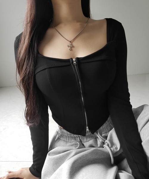 me+em select（ミームセレクト）の「【 ２color 】ダブルジップコルセットスクエアネックロンＴ ／ double zip corset square neck longsleeve T-Shirt（Tシャツ/カットソー・レディース・ホワイト/ブラック・FREE）」の20枚目の写真