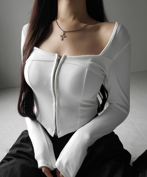 me+em select（ミームセレクト）の「【 ２color 】ダブルジップコルセットスクエアネックロンＴ ／ double zip corset square neck longsleeve T-Shirt（Tシャツ/カットソー・レディース・ホワイト/ブラック・FREE）」の8枚目の写真