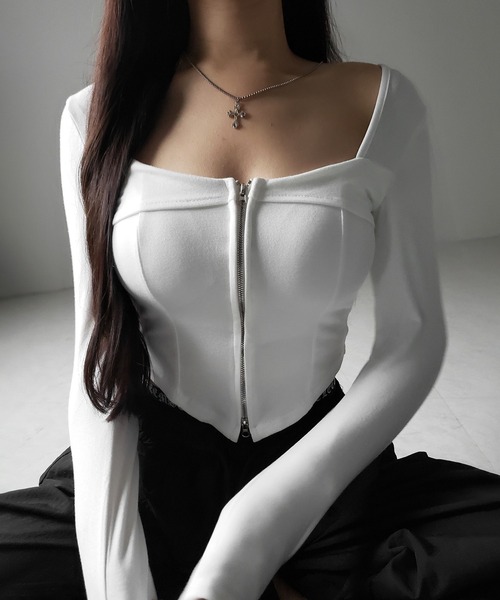 me+em select（ミームセレクト）の「【 ２color 】ダブルジップコルセットスクエアネックロンＴ ／ double zip corset square neck longsleeve T-Shirt（Tシャツ/カットソー・レディース・ホワイト/ブラック・FREE）」の10枚目の写真