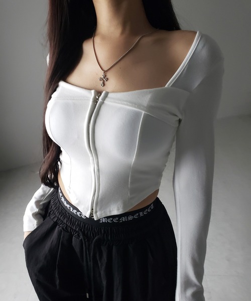 me+em select（ミームセレクト）の「【 ２color 】ダブルジップコルセットスクエアネックロンＴ ／ double zip corset square neck longsleeve T-Shirt（Tシャツ/カットソー・レディース・ホワイト/ブラック・FREE）」の5枚目の写真