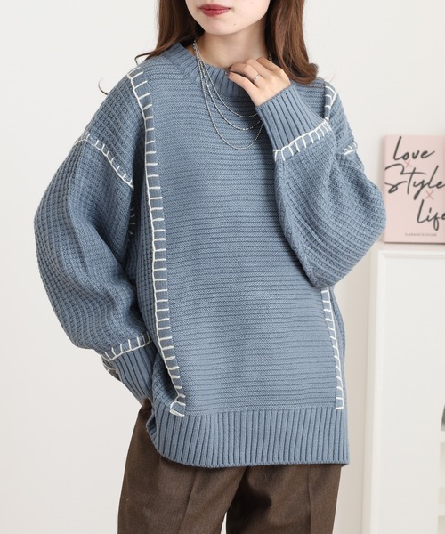 myke(ミーカ)の「myke 配色ブランケットステッチニットプルオーバー セーター(ニット/セーター・レディース・マスタード/ダークブルー/アイボリー/ブラック・M)」の7枚目の写真