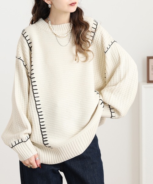 myke(ミーカ)の「myke 配色ブランケットステッチニットプルオーバー セーター(ニット/セーター・レディース・マスタード/ダークブルー/アイボリー/ブラック・M)」の13枚目の写真