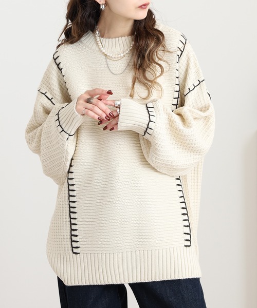 myke(ミーカ)の「myke 配色ブランケットステッチニットプルオーバー セーター(ニット/セーター・レディース・マスタード/ダークブルー/アイボリー/ブラック・M)」の14枚目の写真