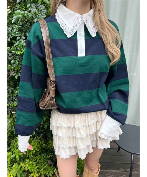 WC（ダブル シー）の「レースパイピングラガーシャツ（シャツ/ブラウス・レディース・グリーン/レッド・FREE）」の2枚目の写真