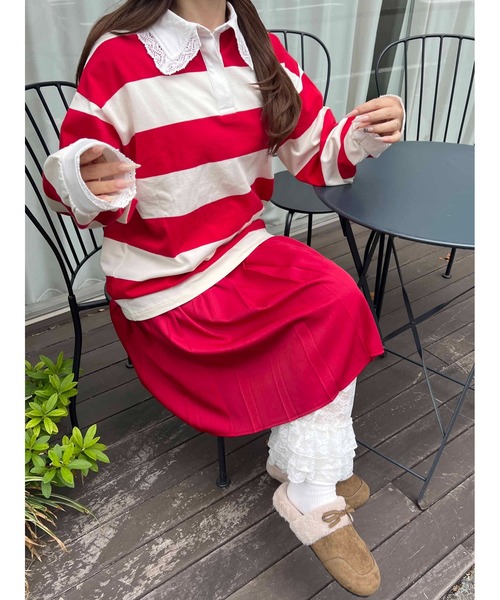 WC（ダブル シー）の「レースパイピングラガーシャツ（シャツ/ブラウス・レディース・グリーン/レッド・FREE）」の10枚目の写真