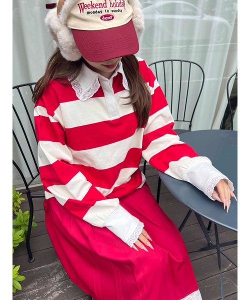 WC（ダブル シー）の「レースパイピングラガーシャツ（シャツ/ブラウス・レディース・グリーン/レッド・FREE）」の9枚目の写真