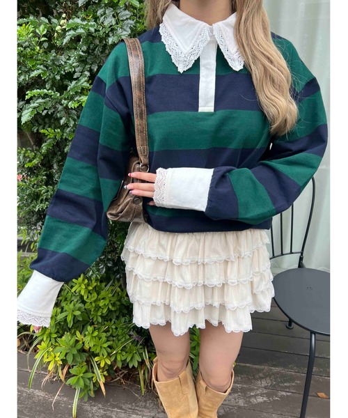 WC（ダブル シー）の「レースパイピングラガーシャツ（シャツ/ブラウス・レディース・グリーン/レッド・FREE）」の5枚目の写真