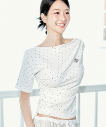 DOT HALF SHIRRING DRAPE BOAT NECK TOP_IVORY