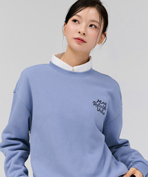 女性刺繍ポイント裏起毛スウェットTシャツ-スカイブルー