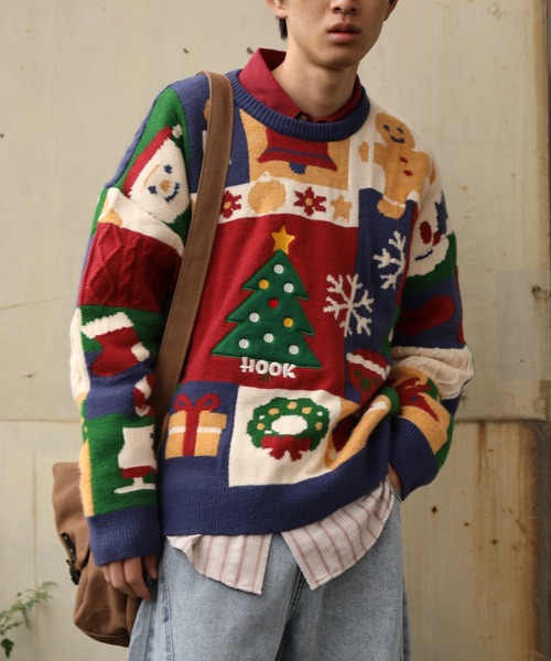 HOOK(フック)の「HOOK -original- 厚手パッチワーククリスマスニットプルオーバー (AW)(ニット/セーター・メンズ・ブルー・LARGE/MEDIUM/SMALL/X-LARGE)」の9枚目の写真