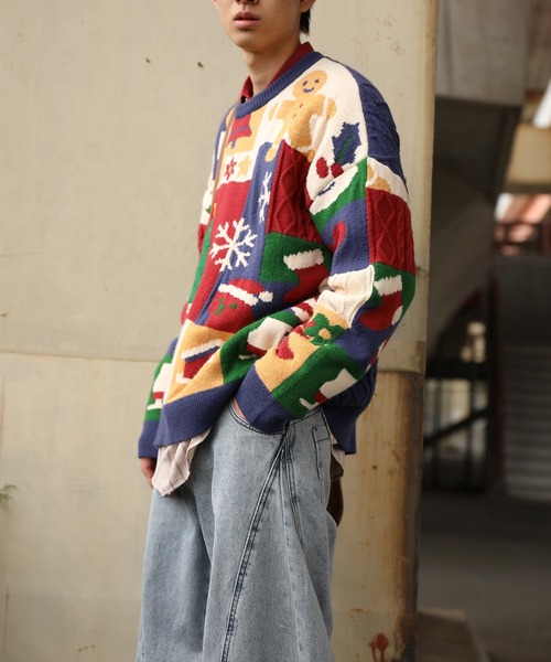 HOOK(フック)の「HOOK -original- 厚手パッチワーククリスマスニットプルオーバー (AW)(ニット/セーター・メンズ・ブルー・LARGE/MEDIUM/SMALL/X-LARGE)」の8枚目の写真
