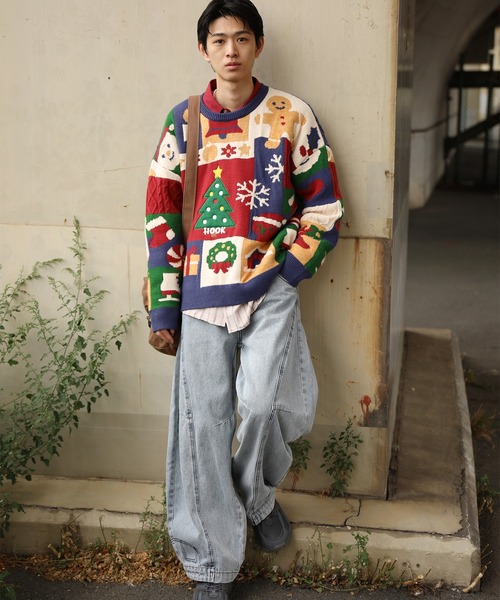 HOOK(フック)の「HOOK -original- 厚手パッチワーククリスマスニットプルオーバー (AW)(ニット/セーター・メンズ・ブルー・LARGE/MEDIUM/SMALL/X-LARGE)」の4枚目の写真