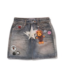 FAKE PRINT MULTI LOGO DENIM SKIRT