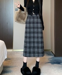 【サイズあり】ウールライク バックゴムチェック ヴィンテージ 厚手ロングスカート(秋冬の韓国ファッション フェミニン定番)