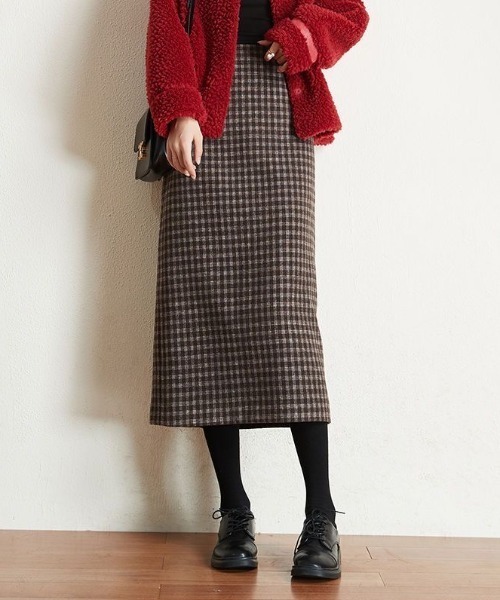 gossip！ロサンゼルス（ゴシップロサンゼルス）の「【サイズあり】ウールライク バックゴムチェック ヴィンテージ 厚手ロングスカート（秋冬の韓国ファッション フェミニン定番）（スカート・レディース・ブラウン/ブラック/ブラック系その他/ブラウン系その他・S/M）」の2枚目の写真