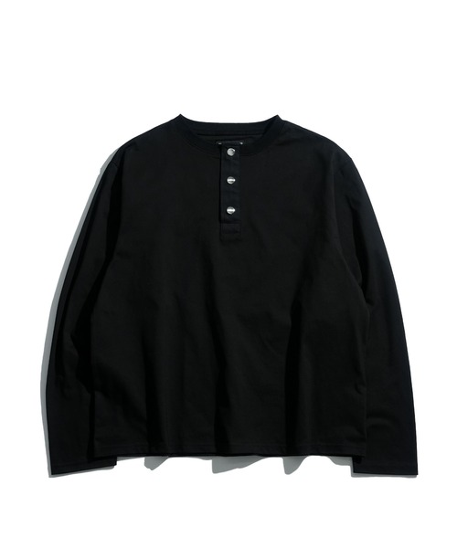 セール】short length press-stud henry neck long-sleeved T-shirt