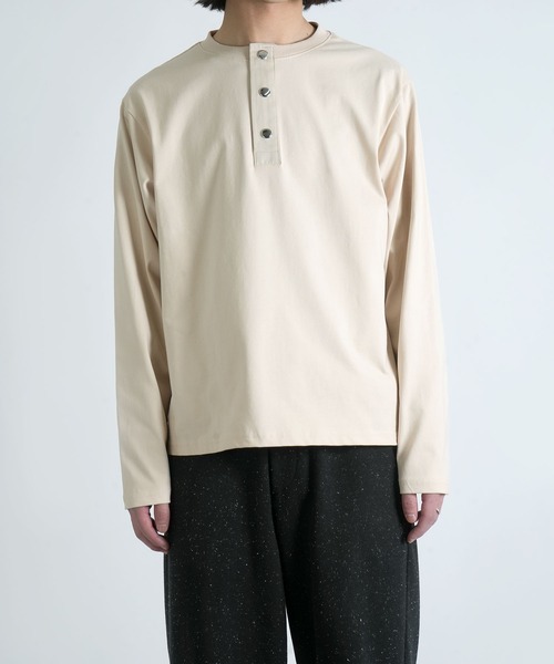 short length press-stud henry neck long-sleeved T-shirt/ショート
