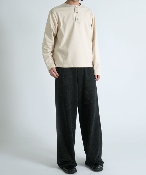 セール】short length press-stud henry neck long-sleeved T-shirt