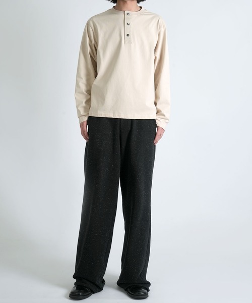 short length press-stud henry neck long-sleeved T-shirt/ショート