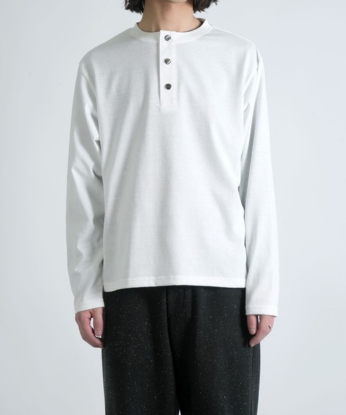 short length press-stud henry neck long-sleeved T-shirt/ショート