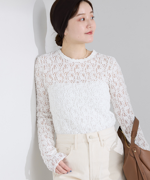 IENA Flowerストレッチレースプルオーバー　アイボリー 一部カラーWEB限定/追加3》Flowerストレッチレースプルオーバー（T
