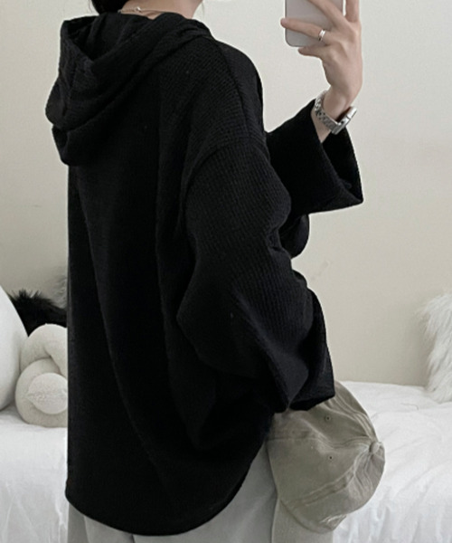 VIVID LADY(ビビッドレディー)の「ワッフル プルオーバーパーカー フード付き トップス(Tシャツ/カットソー・レディース・カーキ/ブラック/グレー/ベージュ・FREE)」の6枚目の写真