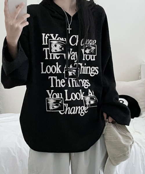 VIVID LADY(ビビッドレディー)の「ワッフル プルオーバーパーカー フード付き トップス(Tシャツ/カットソー・レディース・カーキ/ブラック/グレー/ベージュ・FREE)」の8枚目の写真