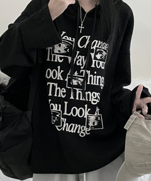VIVID LADY(ビビッドレディー)の「ワッフル プルオーバーパーカー フード付き トップス(Tシャツ/カットソー・レディース・カーキ/ブラック/グレー/ベージュ・FREE)」の10枚目の写真