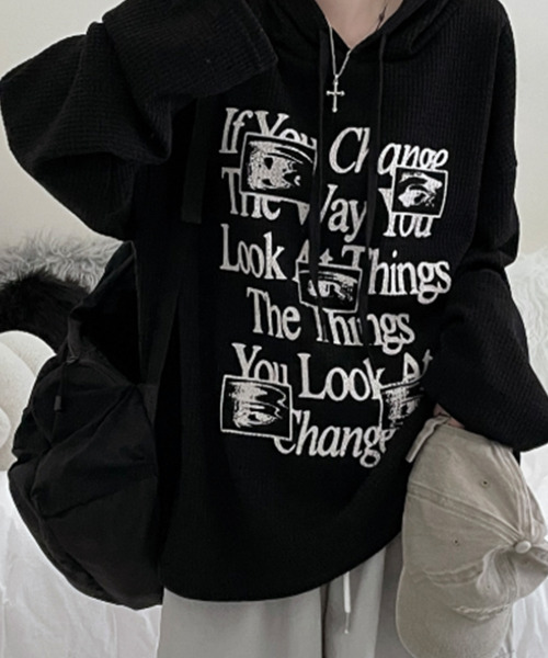 VIVID LADY(ビビッドレディー)の「ワッフル プルオーバーパーカー フード付き トップス(Tシャツ/カットソー・レディース・カーキ/ブラック/グレー/ベージュ・FREE)」の11枚目の写真