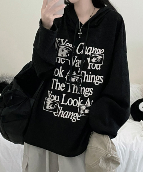 VIVID LADY(ビビッドレディー)の「ワッフル プルオーバーパーカー フード付き トップス(Tシャツ/カットソー・レディース・カーキ/ブラック/グレー/ベージュ・FREE)」の12枚目の写真