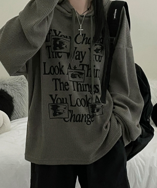 VIVID LADY(ビビッドレディー)の「ワッフル プルオーバーパーカー フード付き トップス(Tシャツ/カットソー・レディース・カーキ/ブラック/グレー/ベージュ・FREE)」の16枚目の写真