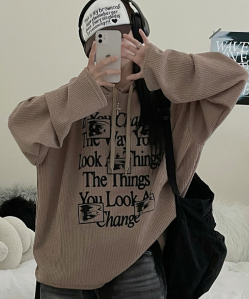 VIVID LADY(ビビッドレディー)の「ワッフル プルオーバーパーカー フード付き トップス(Tシャツ/カットソー・レディース・カーキ/ブラック/グレー/ベージュ・FREE)」の20枚目の写真