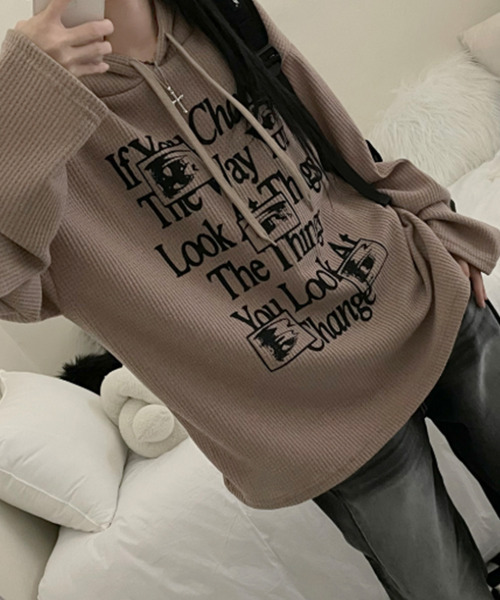 VIVID LADY(ビビッドレディー)の「ワッフル プルオーバーパーカー フード付き トップス(Tシャツ/カットソー・レディース・カーキ/ブラック/グレー/ベージュ・FREE)」の21枚目の写真