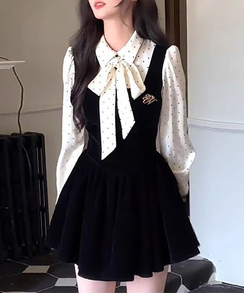 gossip!ロサンゼルス(ゴシップロサンゼルス)の「フェイク 2 ピース 水玉リボン長袖ワンピース レディース ハイウエスト フレアミニ(ワンピース・レディース・ブラック・S/M)」の4枚目の写真