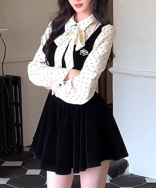 gossip!ロサンゼルス(ゴシップロサンゼルス)の「フェイク 2 ピース 水玉リボン長袖ワンピース レディース ハイウエスト フレアミニ(ワンピース・レディース・ブラック・S/M)」の5枚目の写真