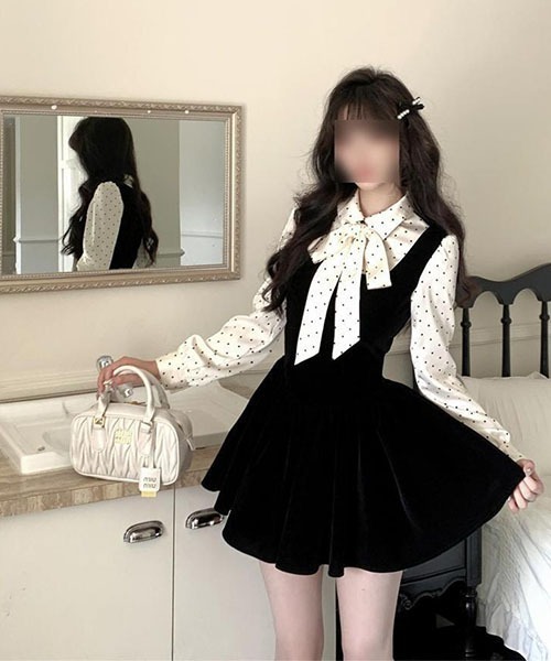 gossip!ロサンゼルス(ゴシップロサンゼルス)の「フェイク 2 ピース 水玉リボン長袖ワンピース レディース ハイウエスト フレアミニ(ワンピース・レディース・ブラック・S/M)」の7枚目の写真