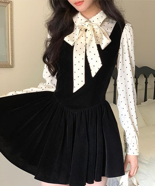 gossip!ロサンゼルス(ゴシップロサンゼルス)の「フェイク 2 ピース 水玉リボン長袖ワンピース レディース ハイウエスト フレアミニ(ワンピース・レディース・ブラック・S/M)」の8枚目の写真