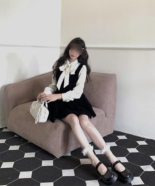 gossip!ロサンゼルス(ゴシップロサンゼルス)の「フェイク 2 ピース 水玉リボン長袖ワンピース レディース ハイウエスト フレアミニ(ワンピース・レディース・ブラック・S/M)」の10枚目の写真