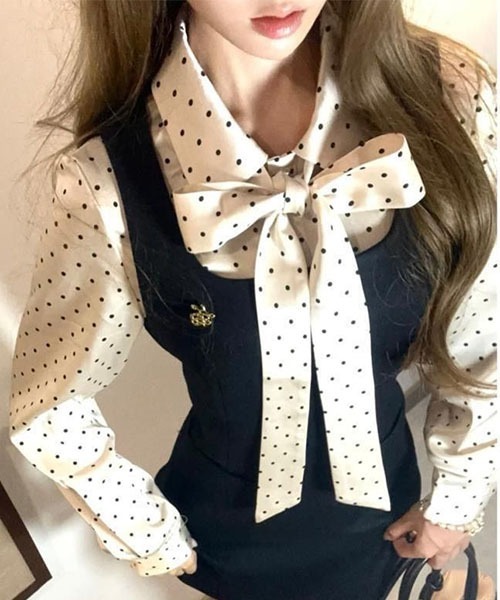 gossip!ロサンゼルス(ゴシップロサンゼルス)の「フェイク 2 ピース 水玉リボン長袖ワンピース レディース ハイウエスト フレアミニ(ワンピース・レディース・ブラック・S/M)」の12枚目の写真