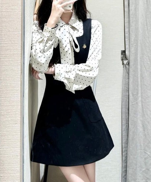 gossip!ロサンゼルス(ゴシップロサンゼルス)の「フェイク 2 ピース 水玉リボン長袖ワンピース レディース ハイウエスト フレアミニ(ワンピース・レディース・ブラック・S/M)」の14枚目の写真