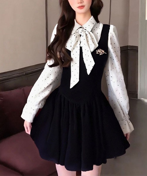 gossip!ロサンゼルス(ゴシップロサンゼルス)の「フェイク 2 ピース 水玉リボン長袖ワンピース レディース ハイウエスト フレアミニ(ワンピース・レディース・ブラック・S/M)」の15枚目の写真